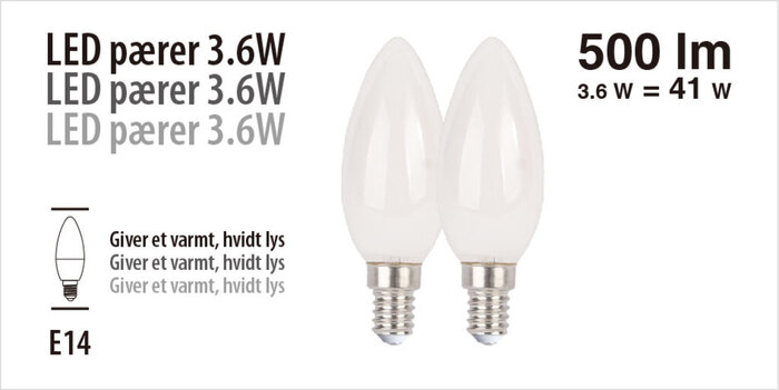 LED-pærer kerte 3,6 W E14 - 2 pk.